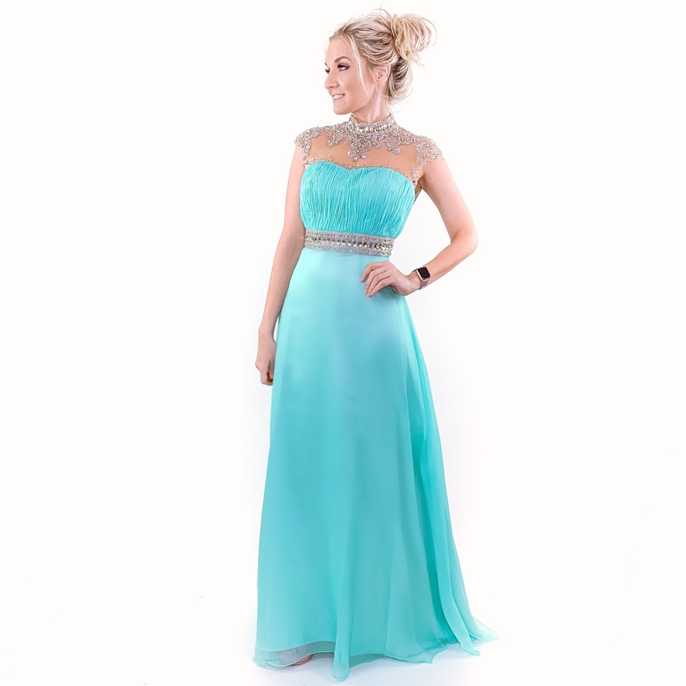 Aqua Chiffon Illusion Evening Gown Prom Dress - Picture 8 of 8
